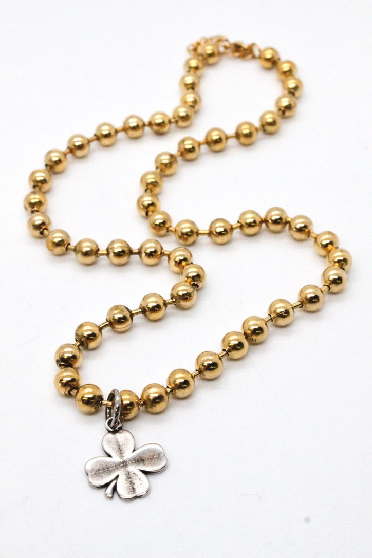 Single Gold Plate Ball Chain Necklace with Small Shamrock Charm N2-S892g-The Classics Collection-