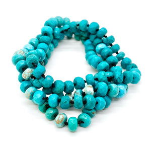 Hand-Knotted Long Faceted Rich Turquoise Rondelle Bead Necklace