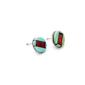 Genuine American Indian Turquoise and Coral Navajo Stud Earrings