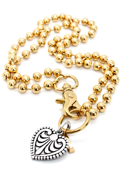 Convertible Short or Long Heart Fleur de Lis Ball Chain Necklace - N2-229GD