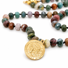 Load image into Gallery viewer, Indian Agate Rondelle Bead Hand-knotted French Religious Medal Short Necklace- FMN30
