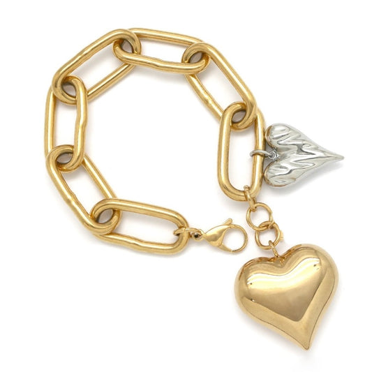 Large Chain Two Tone Two Heart Bracelet - B4-038