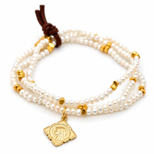 Mini Freshwater Pearl Cluster Stretch French Religious Medal Bracelet - FMB07