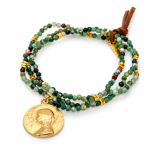 Load image into Gallery viewer, Stretch 3 Strand Mini Faceted Indian Agate Bracelet French Religious Medal- FMB19
