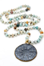 Load image into Gallery viewer, Patina Carved Dharma Wheel 18K Gold Charm Pendant Hand Knotted Stone Necklace
