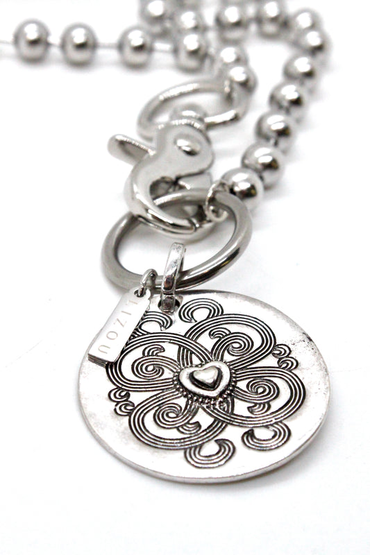 Heart Design Disc Single Silver Chain Claw Clasp