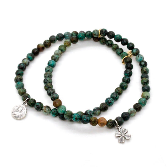Mini African Turquoise Stretch Bracelet with Sterling Charm -French Medals Collection-