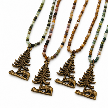 Antique Brass Bear and Tree Necklace