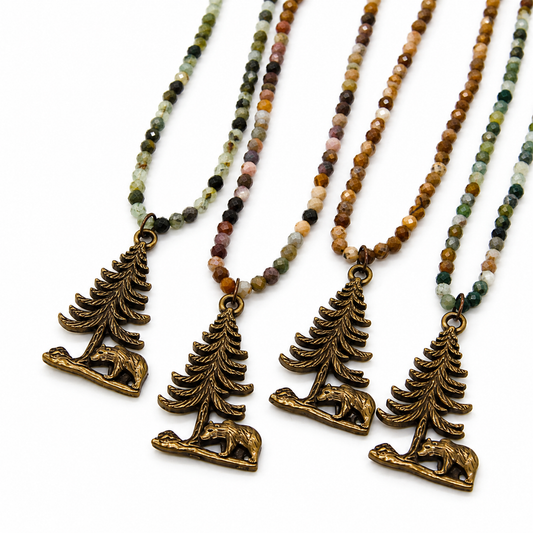 Antique Brass Bear and Tree Necklace