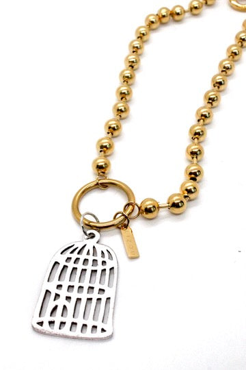 Convertible Short or Long Gold Ball Chain with Bird Cage -N2-885GD