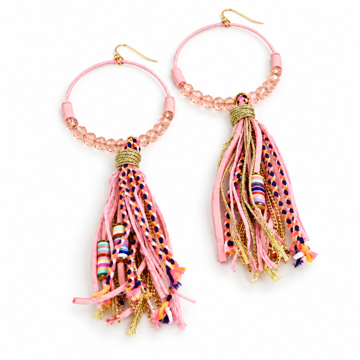 Crystal Beaded Hoop Earrings with Tassel - E001T-Pink
