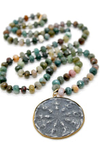 Load image into Gallery viewer, Patina Carved Dharma Wheel 18K Gold Charm Pendant Hand Knotted Stone Necklace
