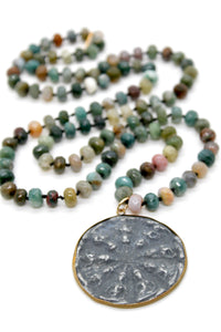 Patina Carved Dharma Wheel 18K Gold Charm Pendant Hand Knotted Stone Necklace
