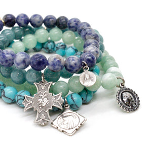 Semi Precious Stone Stretch Stack Bracelet with Sterling French Medal Charms -French Medals Collection-