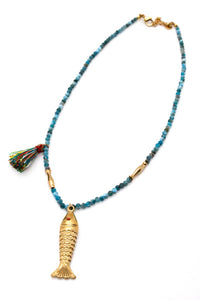 Apatite and Tassel Gold Fish Necklace - N2-2622