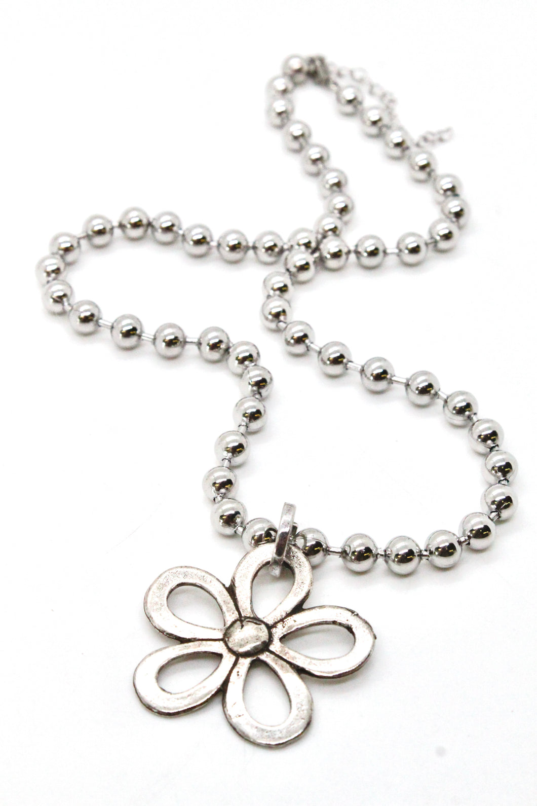 Single Silver Ball Chain Necklace with Small Silver Daisy Charm -The Classics Collection-