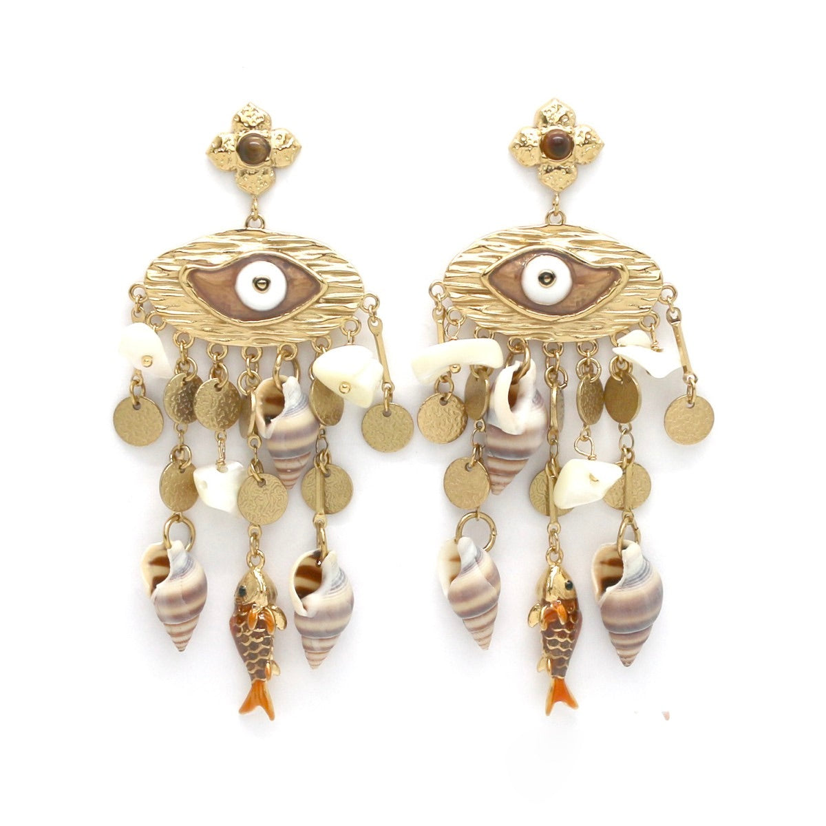 Evil Eye Fish and Seashell Dangle Earrings - E4-370
