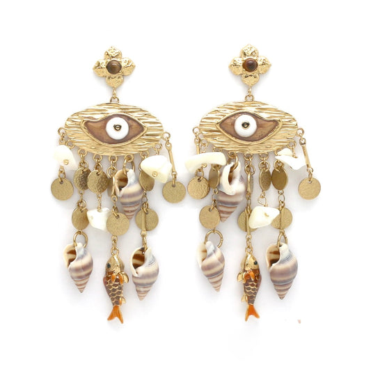 Evil Eye Fish and Seashell Dangle Earrings - E4-370