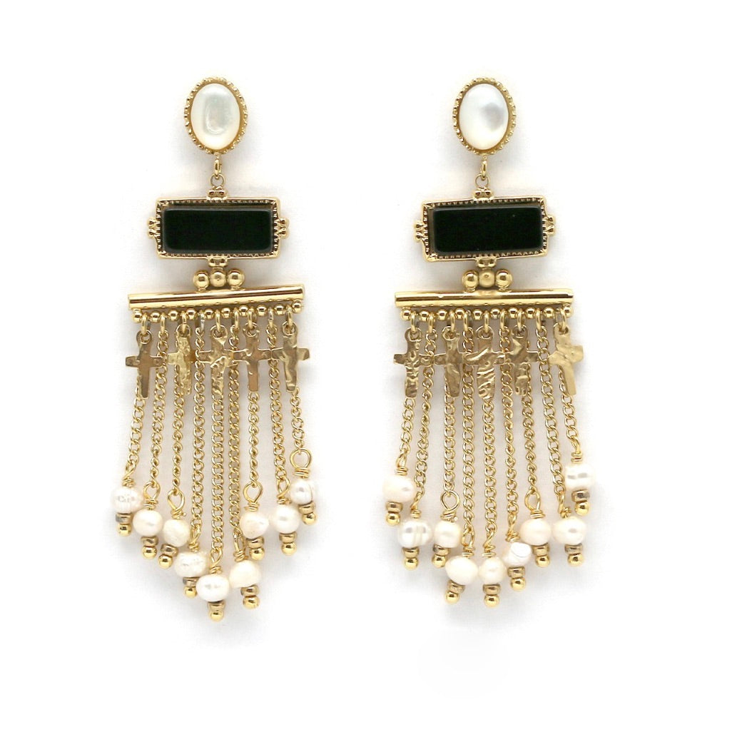 Mini Cross Onyx and Mother of Pearl Dangle Earrings - E4-307