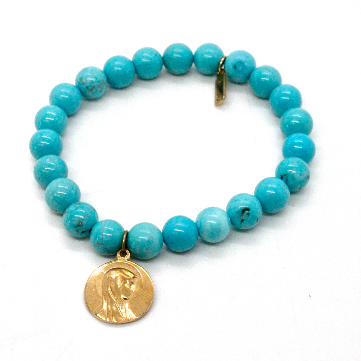 Turquoise Stretch Bracelet with French Religious Charm -French Medals Collection-