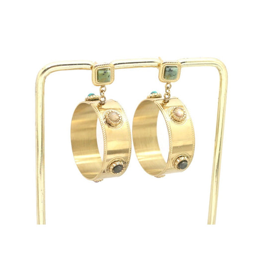 Semi Precious Stones on Wide Hoop Dangle Earrings - E4-366