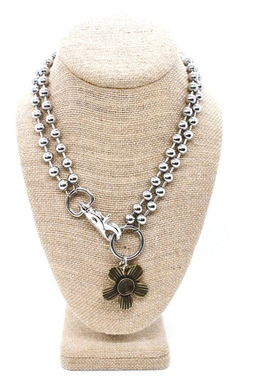 Antique Bronze Flower Pendant Convertible Silver Chain Necklace