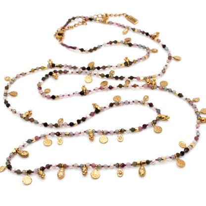 Tourmaline and Pearl Gold Mini Coin Wrap Necklace - N2-2616B