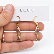 Load image into Gallery viewer, Small Colorful Gold Fish Dangle Earrings  - E4-480
