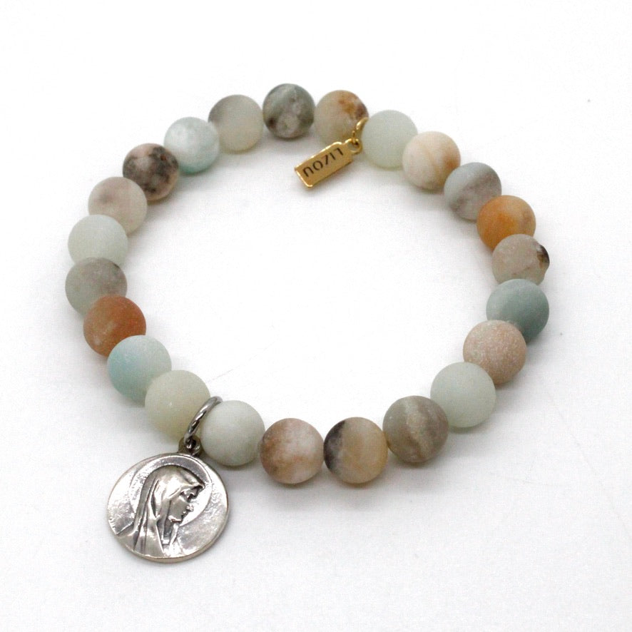 Stretch Semi Precious Stone Bracelet with Sterling Saint Charms -French Medals Collection-