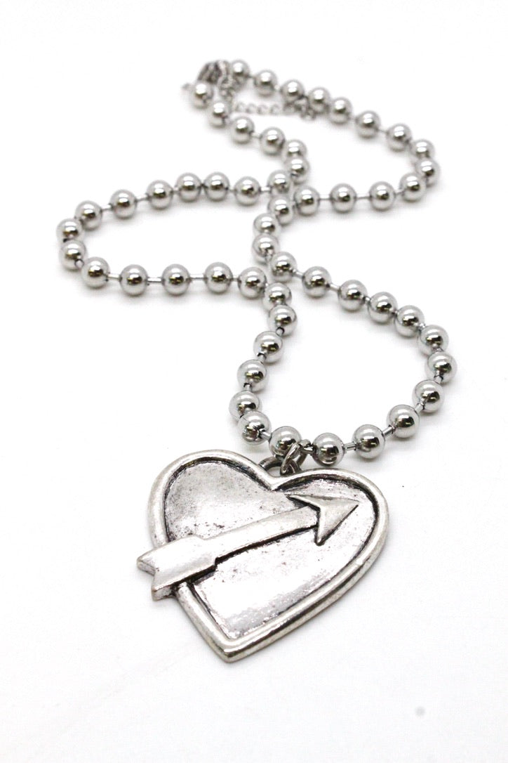 Single Silver Ball Chain Necklace with Silver Heart Arrow N2-S1012 -The Classics Collection-