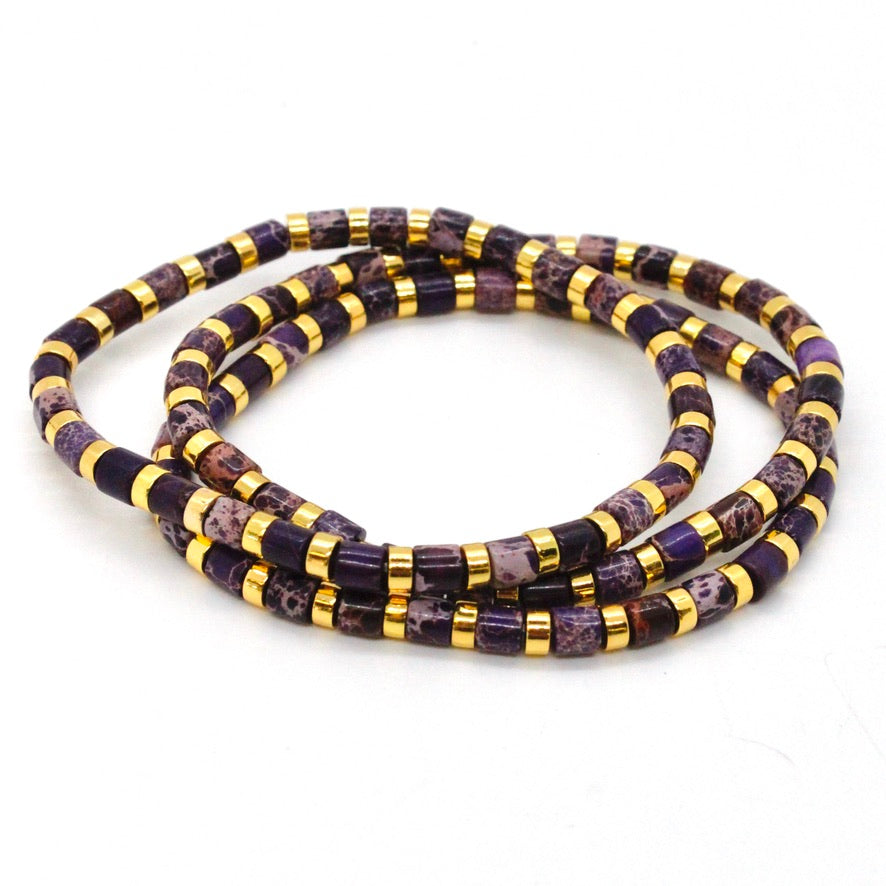 Purple and Gold Stretch Stone Bracelet -Stone Collection-