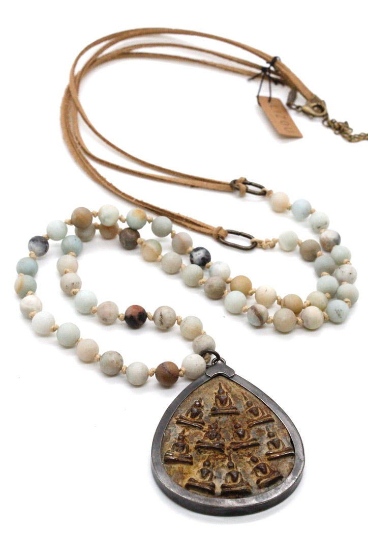 Long Amazonite and Leather Hand Knotted Long Necklace with Large Buddha Charm -The Buddha Collection- NL-AZL-120