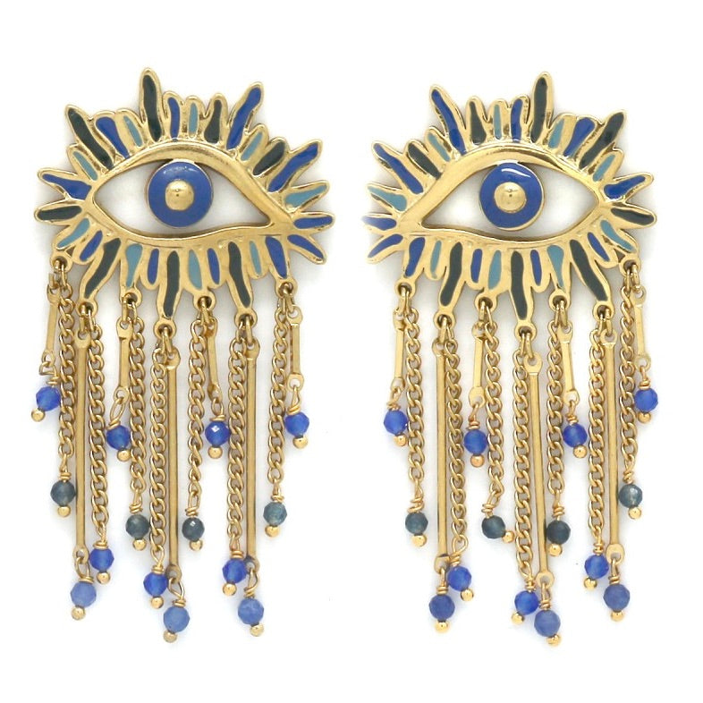 Fringe Blue Eyes Dangle Earrings - E4-288
