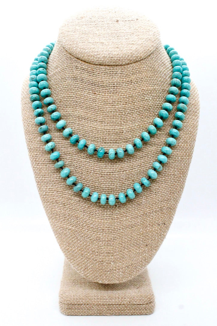 Hand-Knotted Long Turquoise Rondelle Bead Necklace