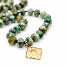 Load image into Gallery viewer, African Turquoise Rondelle Bead Hand-knotted French Religious Medal Short Necklace - FMN25
