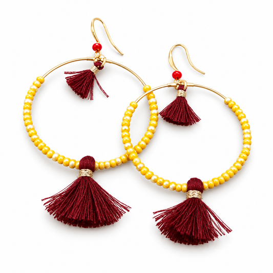Beaded Yellow Crystal Hoop with Mini Tassels - E016-Y
