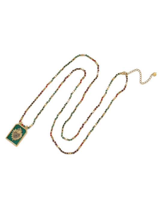 Semi Precious Stone Beaded Long Necklace Green Flaming Heart- N2-2563A