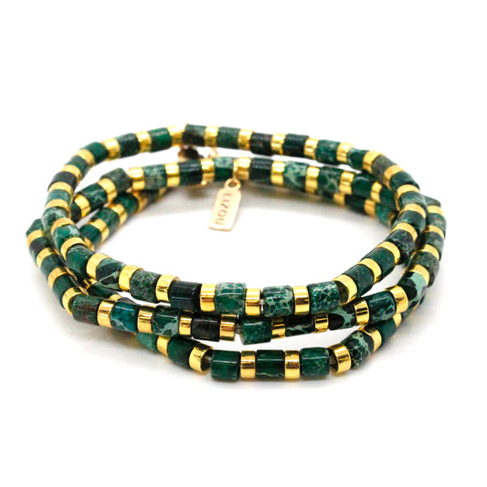 Green Semi Precious Stone and Gold Stretch Stone Bracelet -Stone Collection-