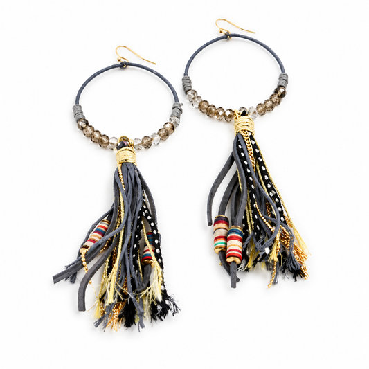 Crystal Beaded Hoop Earrings with Tassel - E001T-Grey