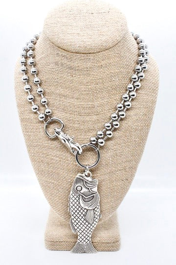 Large Fish Pendant Convertible Silver Chain Necklace