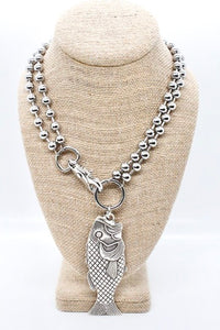 Large Fish Pendant Convertible Silver Chain Necklace