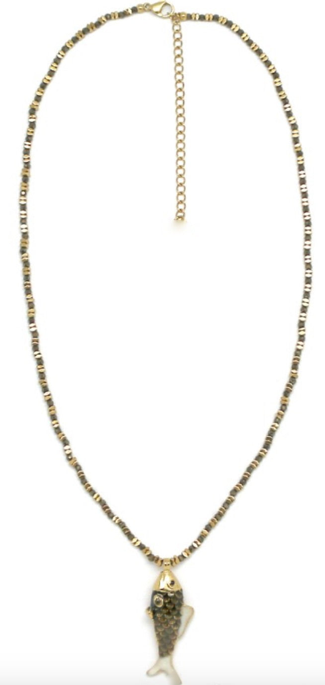 Single Gold Fish Pyrite Stone and Gold Necklace