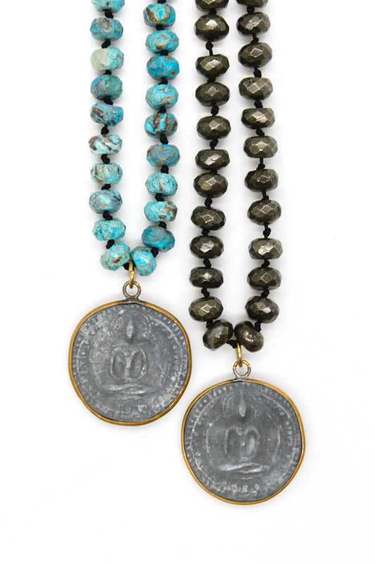 Patina Carved Sitting Buddha 18K Gold Charm Pendant on Stone Knotted Necklace