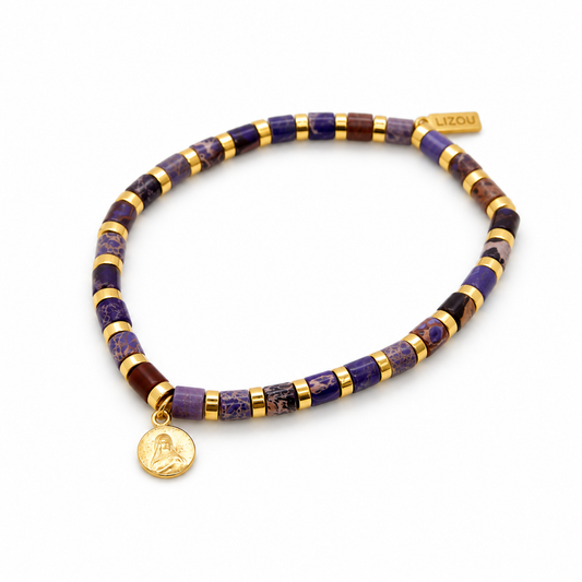 Simple Stone Stretch Bracelet with French Religious Medal - FMB01E