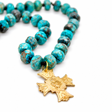 Load image into Gallery viewer, Faceted Ocean Jasper Hand-knotted French Religious Medal Short Necklace - FMN15
