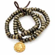 Load image into Gallery viewer, Stretch 3 Strand Pyrite Bracelet French Religious Medal- FMB20
