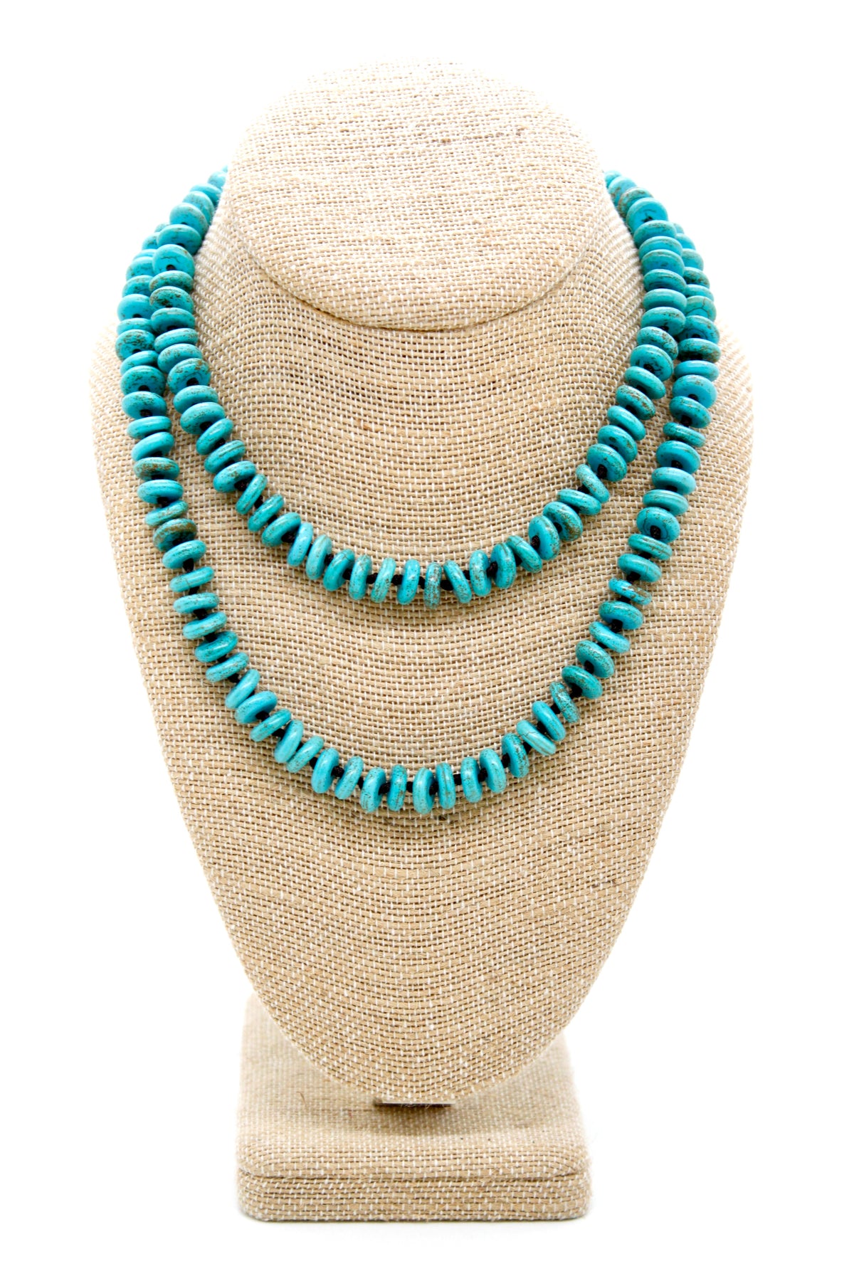 Hand-Knotted Long Thin Turquoise Rondelle Beaded Necklace - NL-RTQ