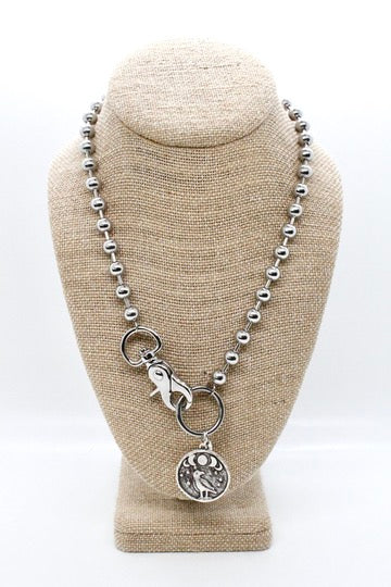 Bird and Moon Phases Pendant Convertible Silver Chain Necklace