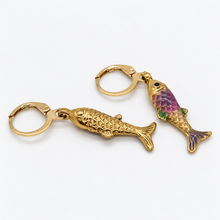 Load image into Gallery viewer, Small Colorful Gold Fish Dangle Earrings  - E4-480

