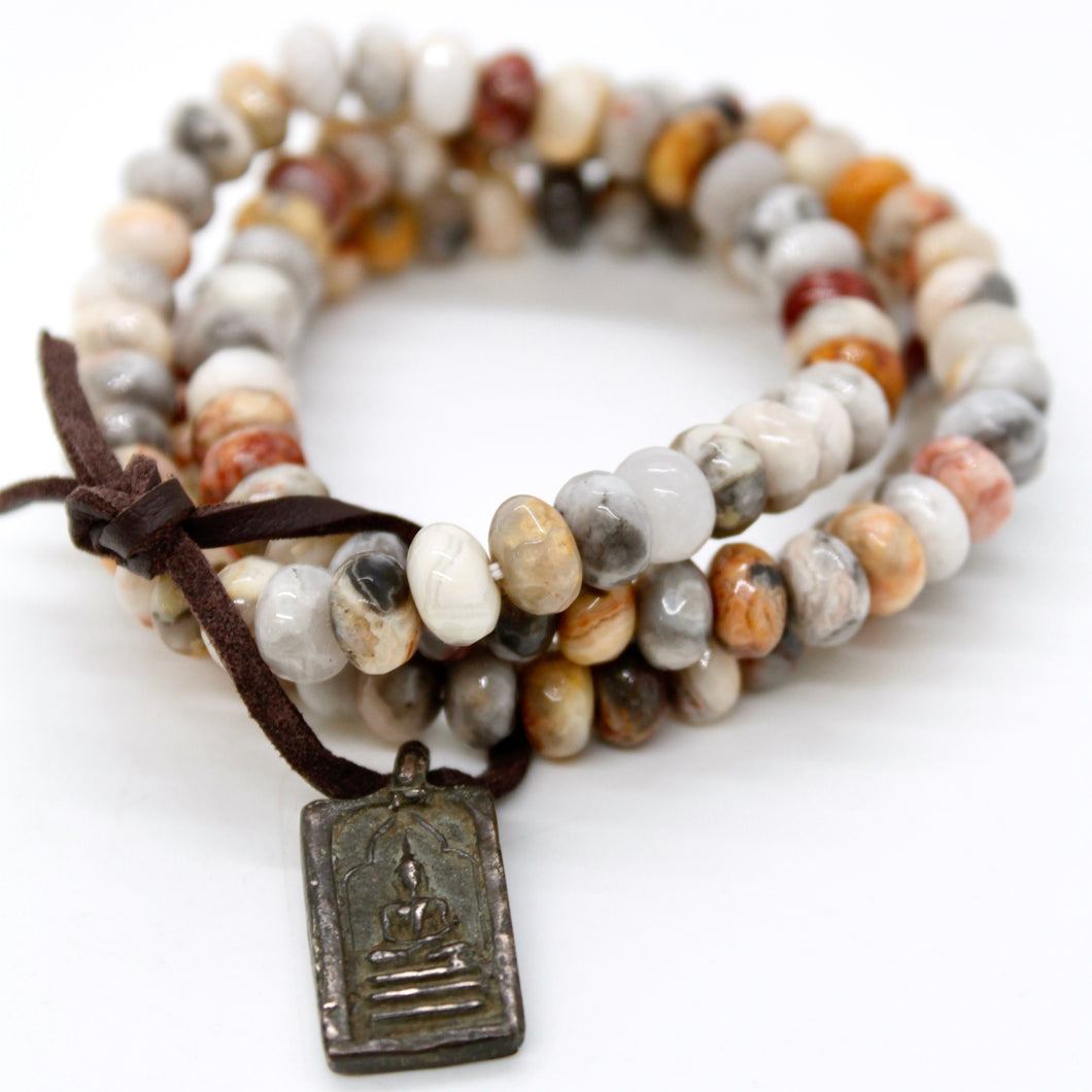 Crazy Lace Agate Reversible Vintage Buddha Charm Bracelet -Buddha Collection-